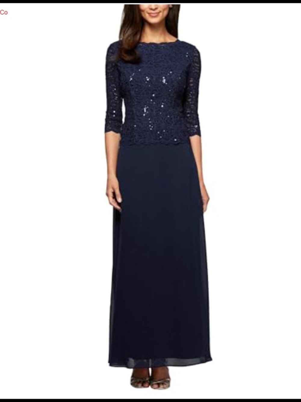 Formal Lace Bodice Sequin Gown 3/4 Sleeve Chiffon Mother of Bride Dress